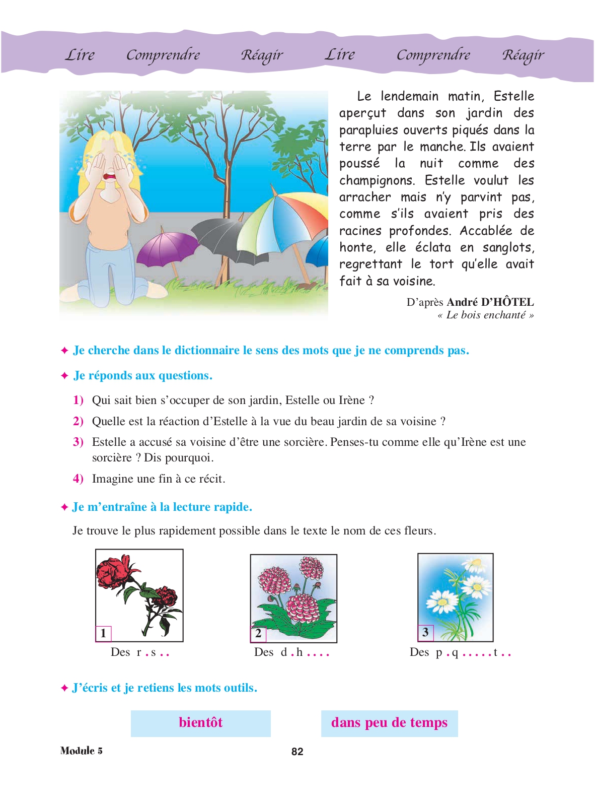 Page 82 du manuel : fin du texte, questions de compréhension et lecture rapide